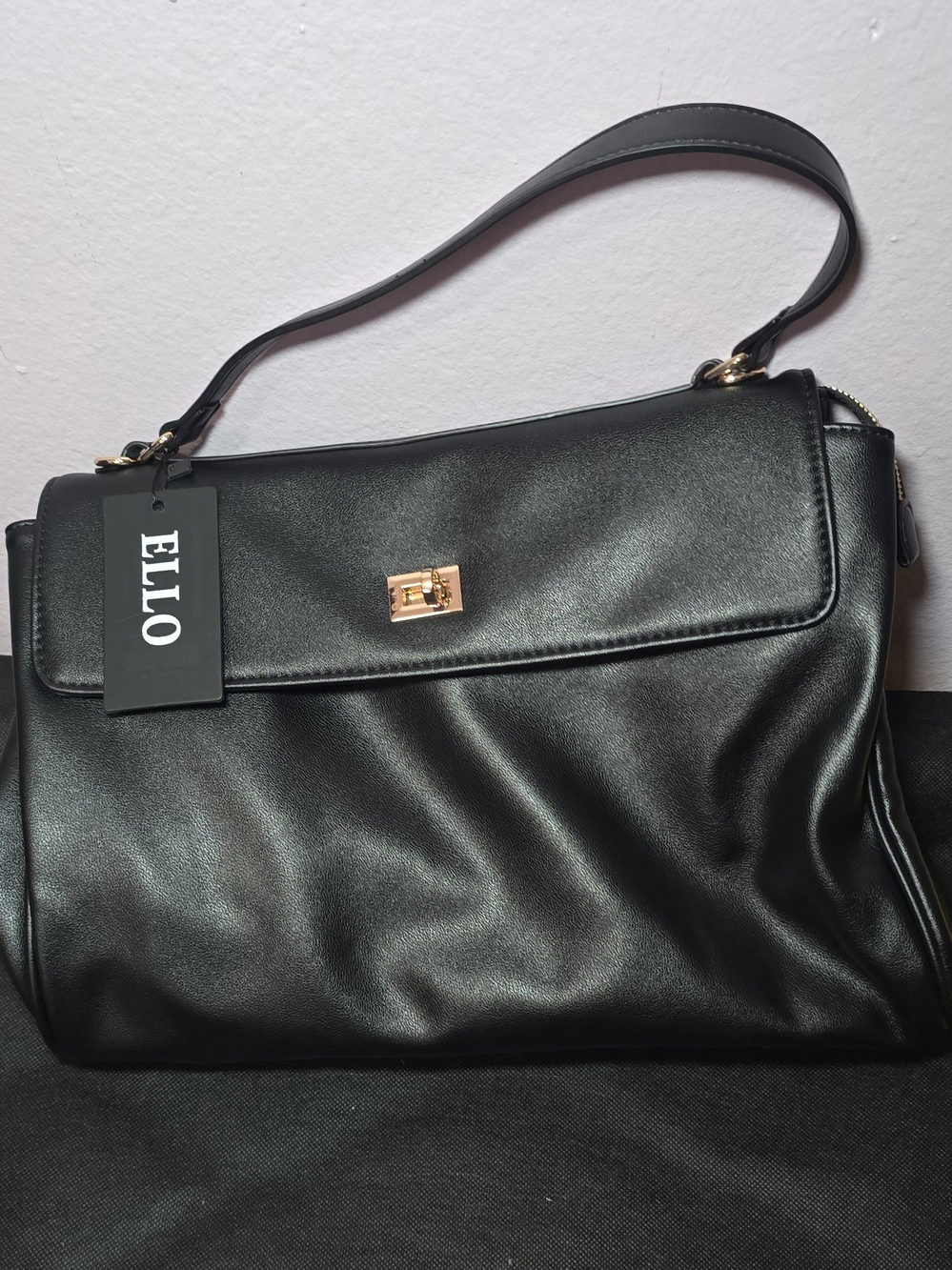Black Faux Leather Shoulder Bag with Gold Hardware